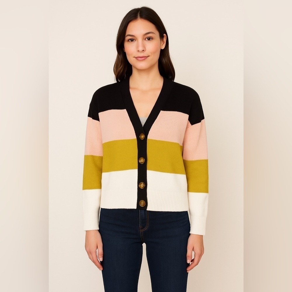 Loft Colorblock Striped Cozy Knit Button Down Cardigan Sweater- Small Petite